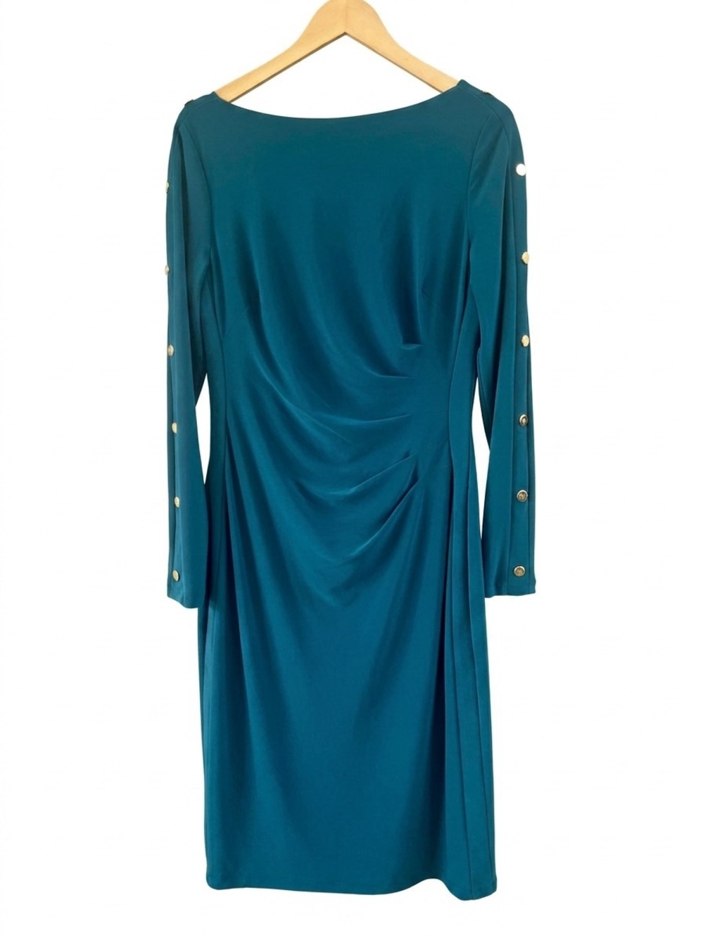 Lauren Ralph Lauren Teal Ruched Sheath Dress 6 Gold Button Sleeve Knee Length